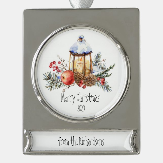 Christmas Lantern Holly Pine Apple Custom Dated  Silver Plated Banner Ornament (Front)