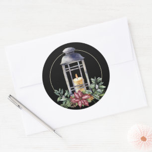 Christmas Lantern with Candle on Black Classic Round Sticker