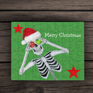 Christmas Laughing Skeleton Ornament Eyes Stars  Jigsaw Puzzle