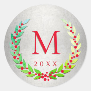 Christmas Laurel Wreath Berries Monogrammed Classic Round Sticker