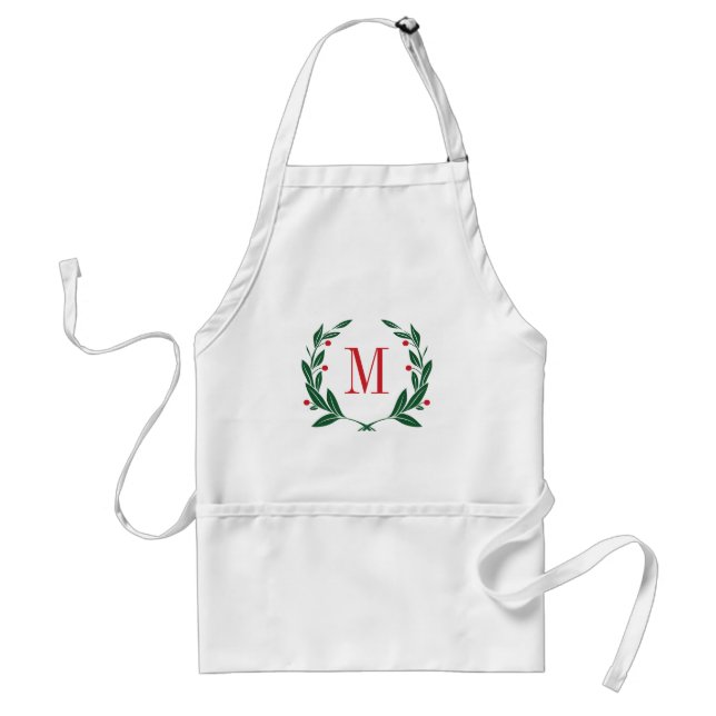 Christmas Laurel Wreath Monogram Adult Apron (Front)