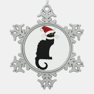 Christmas Le Chat Noir With Santa Hat Snowflake Pewter Christmas Ornament