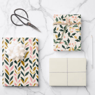 Christmas Leaf Green Ivory Pink Gold Wrapping Paper Sheets