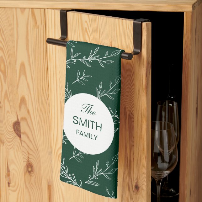 Christmas Leaves Green Pattern Custom Family Name Kitchen Towel (Thirds Fold)