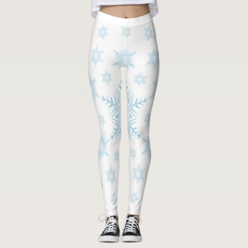 Christmas Leggings White with Ice Blue Snowflake