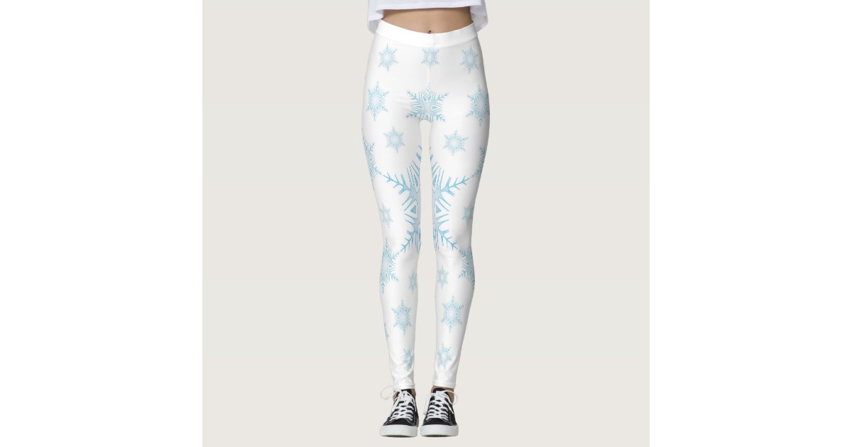 Christmas Leggings White with Ice Blue Snowflake