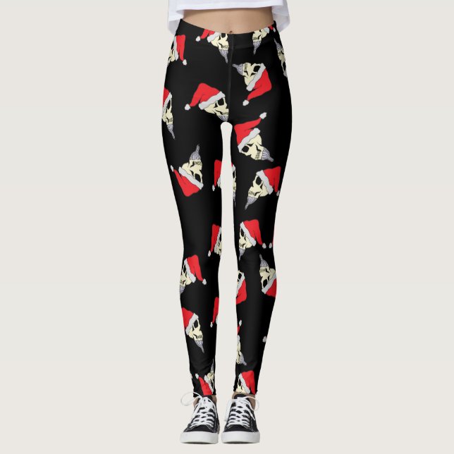 Christmas Leggings With Skulls In Santa Hats  (Front)