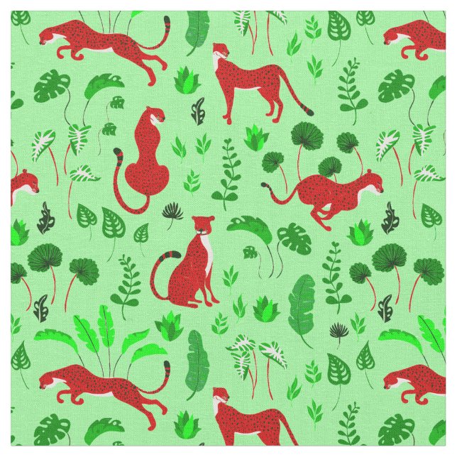 christmas leopard cheetah monstera plant fabric (Close Up)
