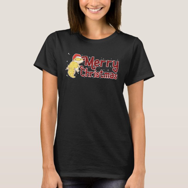 Christmas Leopard Gecko Santa Claus Red Plaid Xmas T-Shirt (Front)