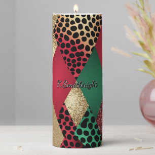 Christmas Leopard Glitter Patchwork Design Pillar Candle