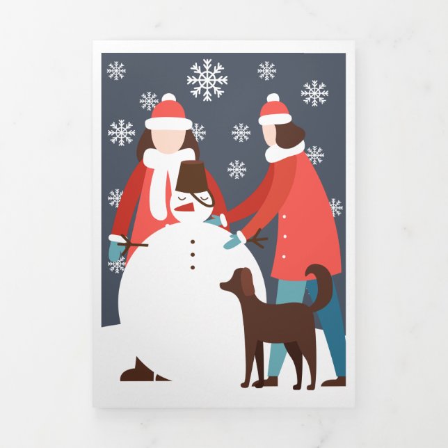 Christmas Lesbian Couple Dog Snowman Personalized Tri-Fold Holiday Card (Cover)