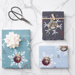 Christmas "Let it snow" 2 Custom Photo Snowflake Wrapping Paper Sheets