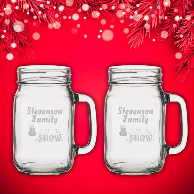 Christmas Let It Snow Monogram Name etched Mason Jar W/ Handle (Creator Uploaded)