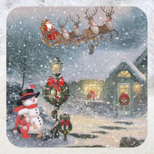 Christmas Let it Snow Santa Sleigh Reindeer Holida Square Sticker