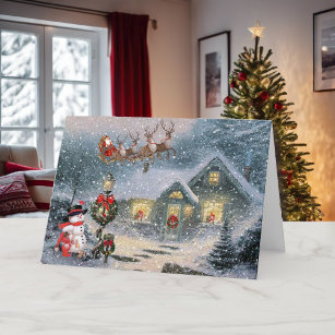 Christmas Let it Snow Santa Sleigh Reindeer Holiday Card