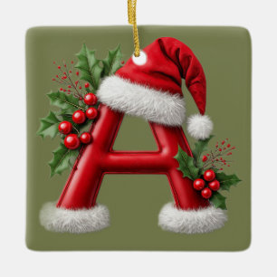 Christmas Letter A Decorated With Santa Hat Ceramic Ornament