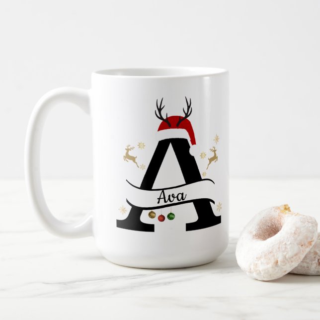 Christmas Letter A Initial – Festive Holiday Desig Coffee Mug (With Donut)