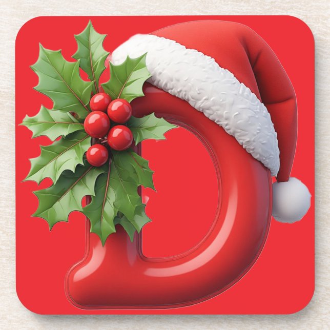 🎅 Christmas Letter D Monogram Gift For Tables 🎄 Beverage Coaster (Front)