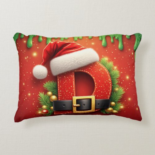 Christmas Letter D With Santa Hat And Holiday Deco Accent Pillow