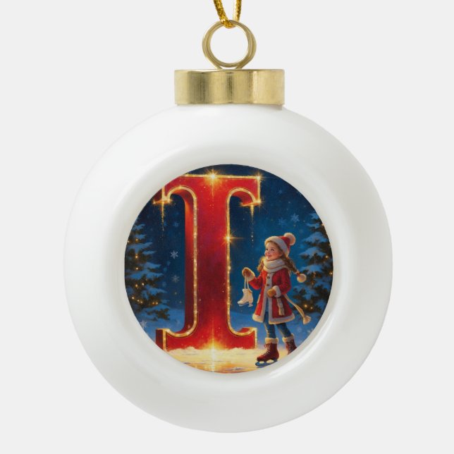 Christmas Letter I Ornament | Red Gold Monogram (Front)