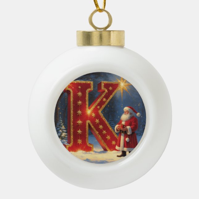 Christmas Letter K Ornament | Red Gold Monogram (Front)