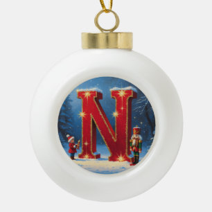 Christmas Letter N Ornament Red Gold Monogram