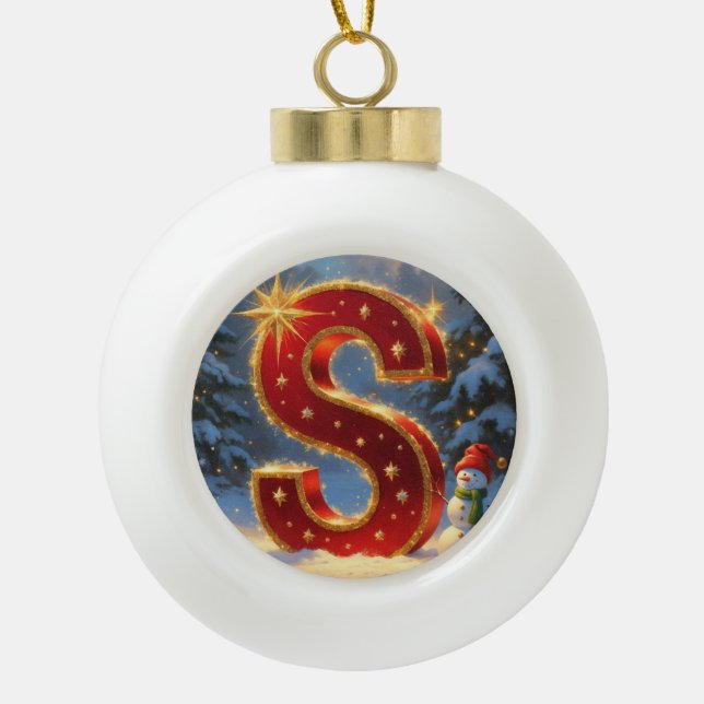 Christmas Letter S Ornament | Red Gold Monogram (Front)
