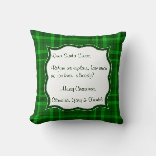 Christmas Letter to Santa Claus Green Plaid Throw Throw Pillow