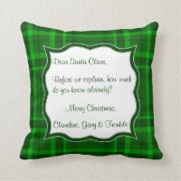 Christmas Letter to Santa Claus Green Plaid Throw Throw Pillow