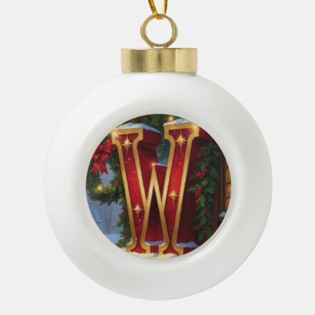 Christmas Letter W Ornament | Red Gold Monogram (Front)