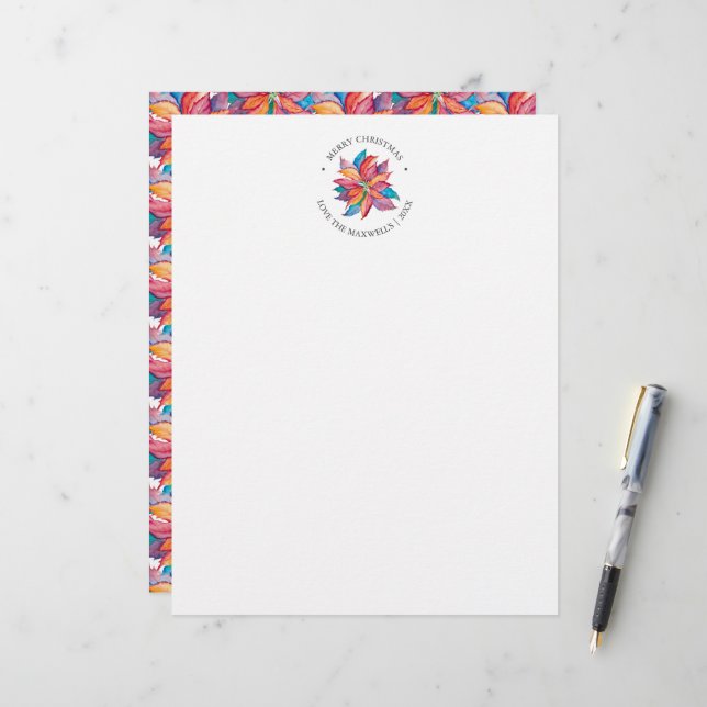 Christmas Letterhead Unique Watercolor Poinsettia (Front/Back In Situ)