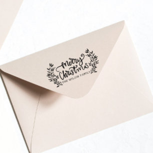 Christmas Lettering Calligraphy Leaf Family Name  Rubber Stamp