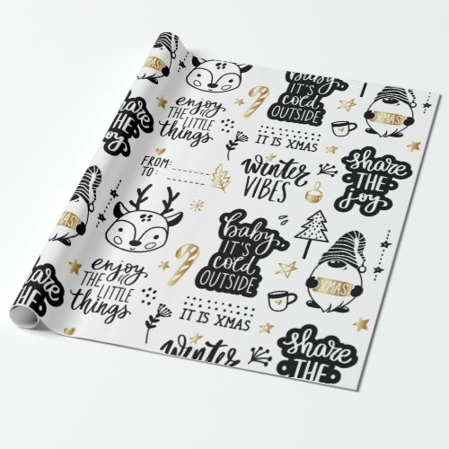 Christmas lettering quotes in black and gold wrapping paper