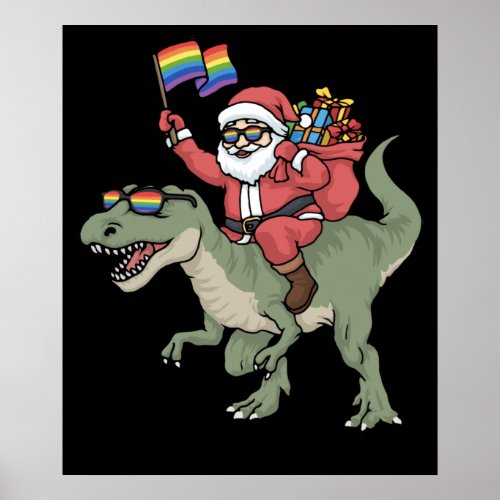 Christmas LGBT Santa Claus TRex Rainbow Gay Pride Poster