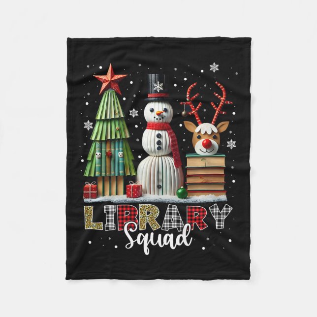 Christmas Librarian Books Xmas Tree Snowman Reinde Fleece Blanket (Front)