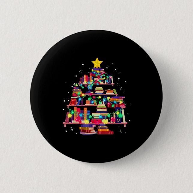 Christmas Library Tree Love Reading Books Nerd Tea Button (Front)