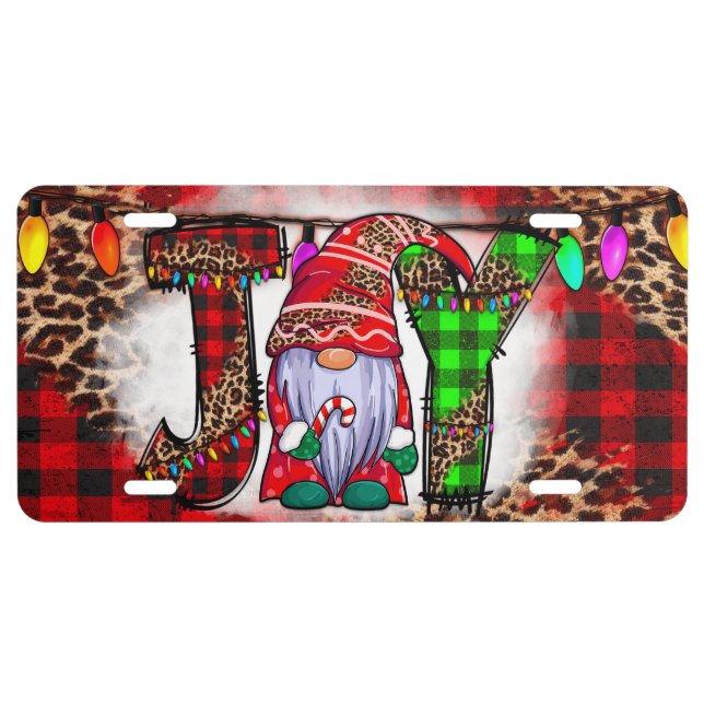 Christmas License Plate with Cute Joy Gnome Car (Front)