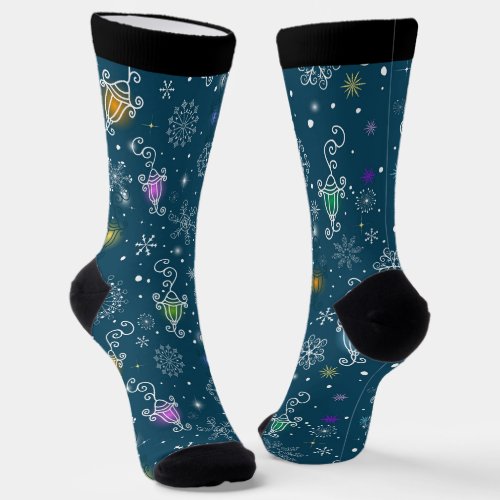 Christmas light and snowflakes pattern socks