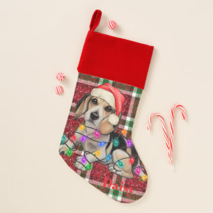 Christmas Light Beagles Sparkly Plaid Tartan Stocking
