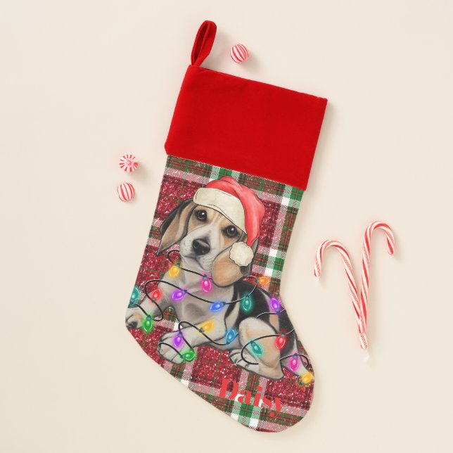 Christmas Light Beagles Sparkly Plaid Tartan Stocking (Front)