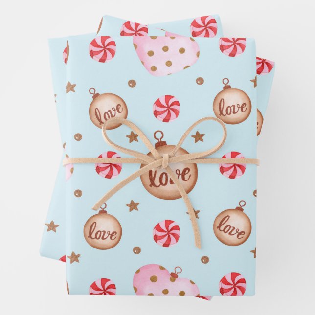 Christmas Light Blue Pink Heart Ornament with Love Wrapping Paper Sheets (In situ)