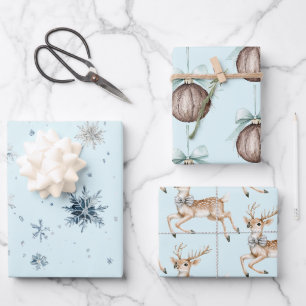 Christmas Light Blue Snowflakes Deer Coconut Wrapping Paper Sheets