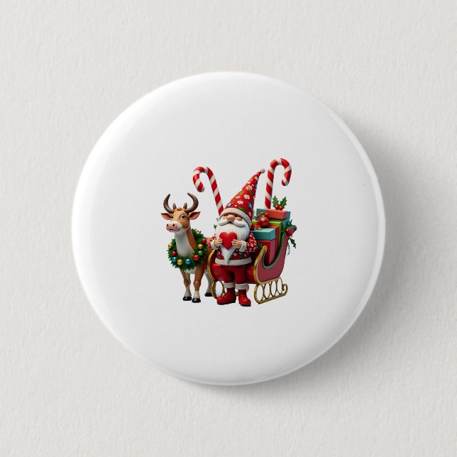 Christmas Light Gnome Santa Claus Riding Sleigh Hi Button (Front)
