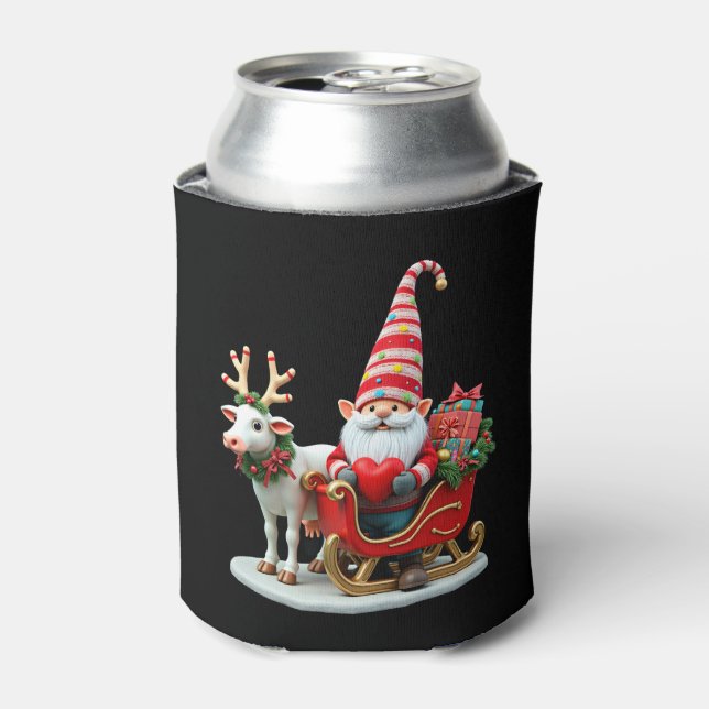 Christmas Light Gnome Santa Claus Riding Sleigh Hi Can Cooler (Can Front)