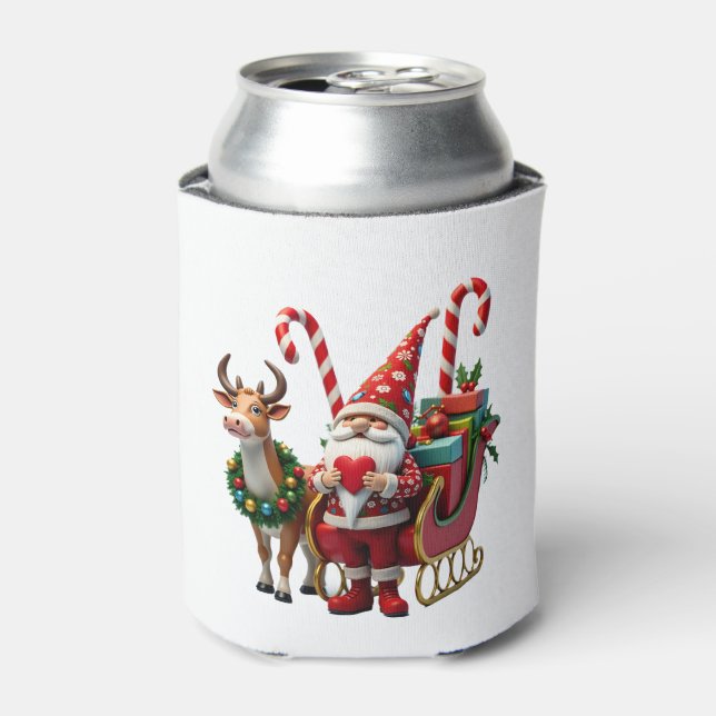 Christmas Light Gnome Santa Claus Riding Sleigh Hi Can Cooler (Can Front)