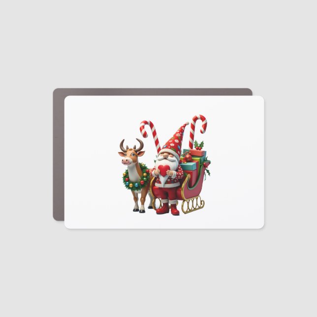 Christmas Light Gnome Santa Claus Riding Sleigh Hi Car Magnet (Front)