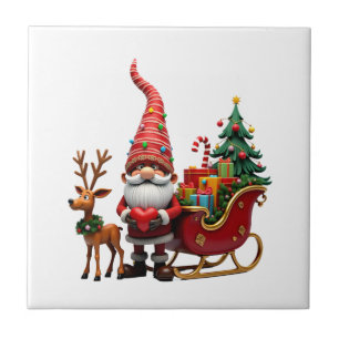 Christmas Light Gnome Santa Claus Riding Sleigh Hi Ceramic Tile