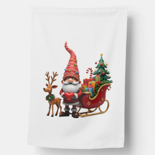 Christmas Light Gnome Santa Claus Riding Sleigh Hi House Flag