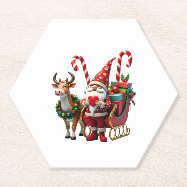 Christmas Light Gnome Santa Claus Riding Sleigh Hi Paper Coaster (Front)