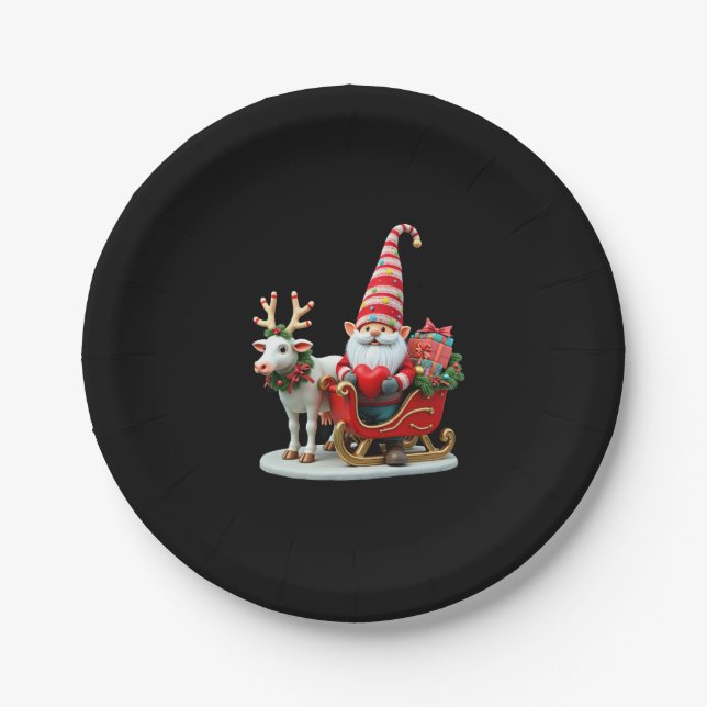 Christmas Light Gnome Santa Claus Riding Sleigh Hi Paper Plates (Front)
